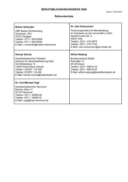 Referentenliste 2008 - Bildungskongress - Bundesverband Metall