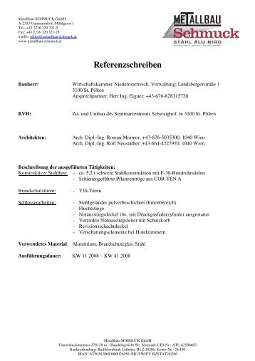 Referenzschreiben - Metallbau - SCHMUCK GmbH