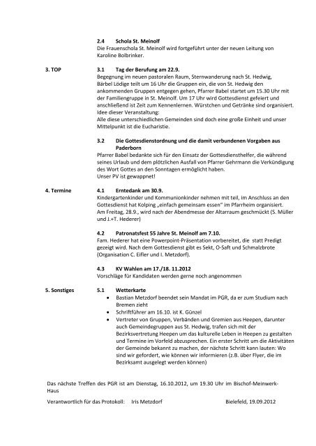 Protokoll der Pfarrgemeinderatssitzung