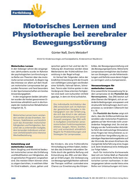 Motorisches Lernen und Physiotherapie bei zerebraler ...