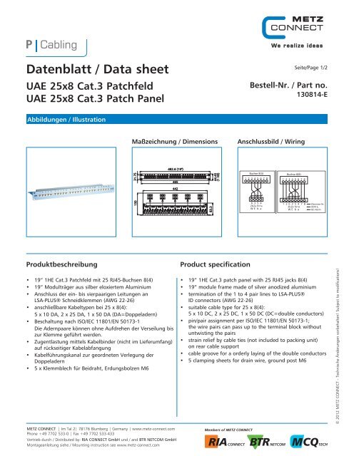 Datenblatt / Data sheet UAE 25x8 Cat.3 ... - METZ CONNECT