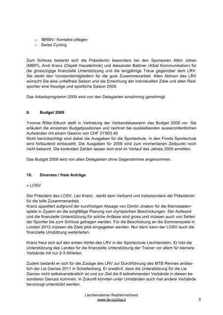 Jahresbericht 2009 Jahresb - Liechtensteiner Radfahrerverband