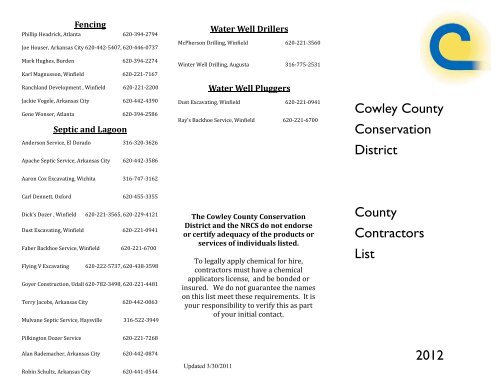 Cowley County Conservation District County Contractors List 2012