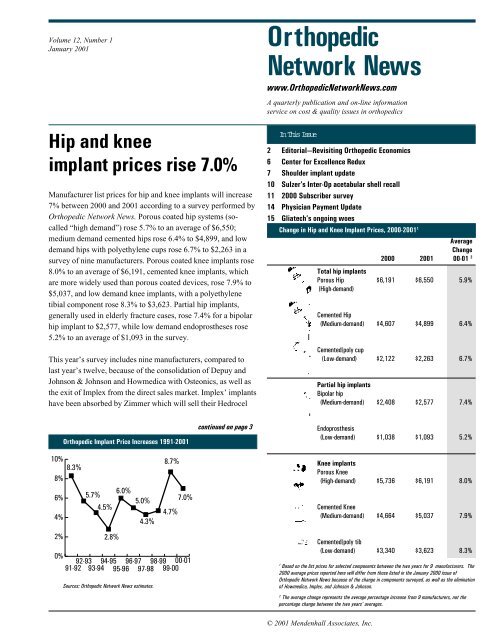 Hip and knee implant prices rise 7.0% - Orthopedic Network News