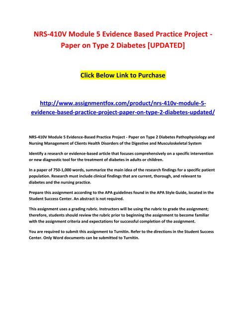 NRS-410V Module 5 Evidence Based Practice Project - Paper on Type 2 Diabetes [UPDATED]