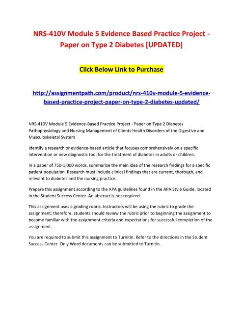 NRS-410V Module 5 Evidence Based Practice Project - Paper on Type 2 Diabetes [UPDATED]