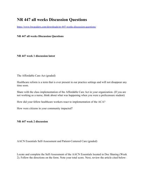 NR 447 all weeks Discussion Questions