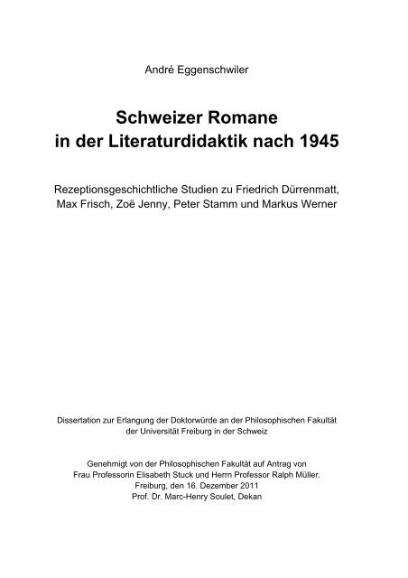 Schweizer Romane in der Literaturdidaktik nach 1945 - eThesis