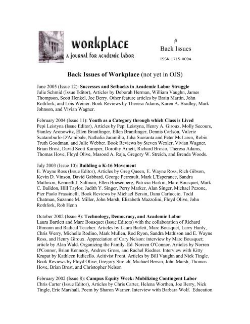 # Back Issues Back Issues of Workplace (not yet in OJS) - UBC Blogs