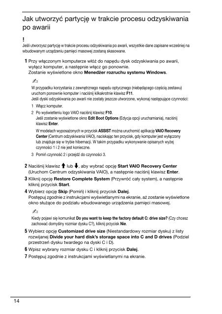 Sony VPCM11M1E - VPCM11M1E Guide de d&eacute;pannage Polonais