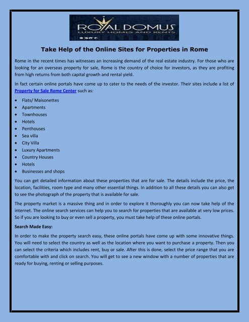 Take Help of the Online Sites for Properties in Rome