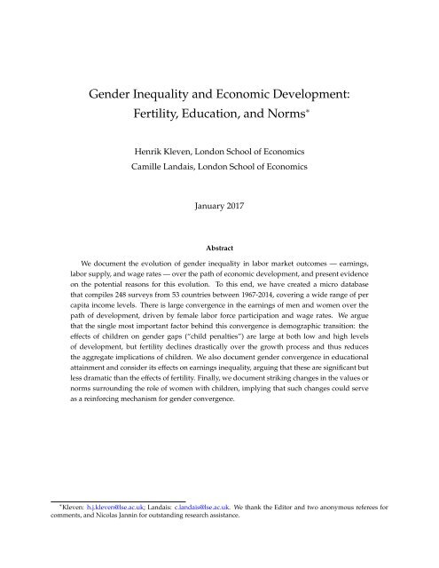 Gender Inequality and Economic Development Fertility Education and Norms