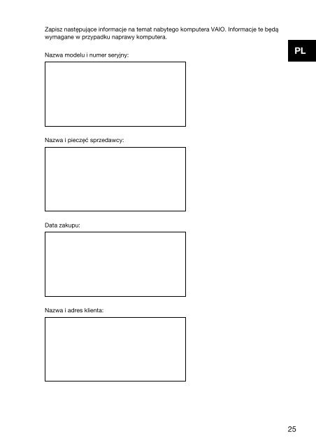 Sony VPCEH2N1E - VPCEH2N1E Documents de garantie Polonais