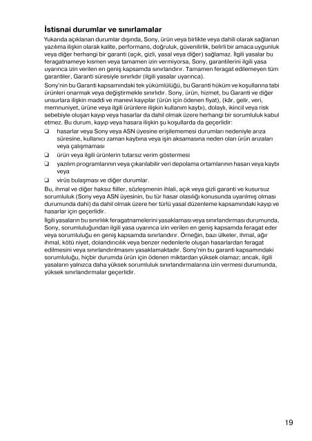 Sony VPCEH2N1E - VPCEH2N1E Documents de garantie Turc