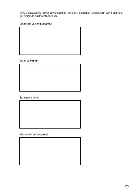 Sony VPCEH2N1E - VPCEH2N1E Documents de garantie Turc