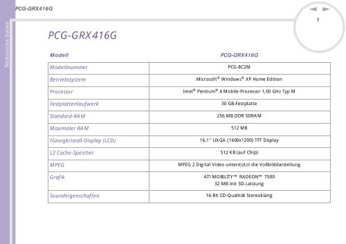 Sony PCG-GRX416G - PCG-GRX416G Specifiche Tedesco