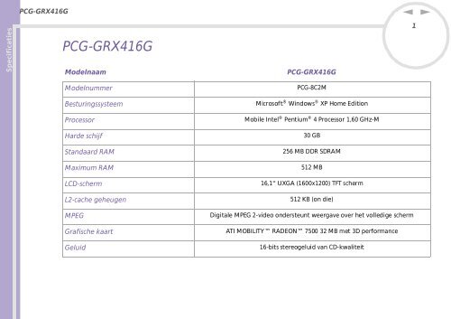 Sony PCG-GRX416G - PCG-GRX416G Specifiche Olandese