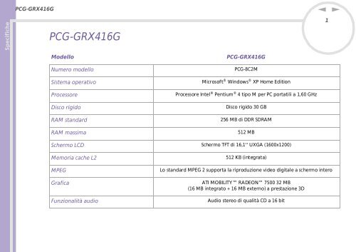 Sony PCG-GRX416G - PCG-GRX416G Specifiche Italiano