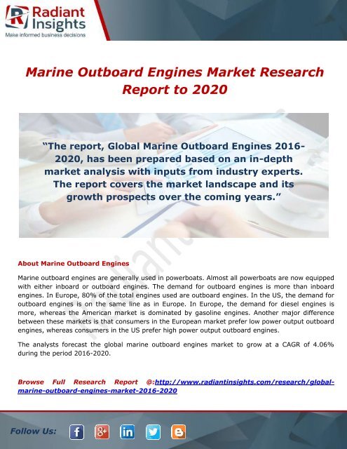 Marine Outboard Engines Market To Grow At A CAGR Of 4.06% By 2020: Radiant Insights,Inc