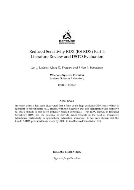 Reduced Sensitivity RDX (RS-RDX) Part I: Literature Review and ...