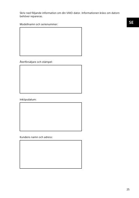 Sony SVF1521G6E - SVF1521G6E Documents de garantie Su&eacute;dois