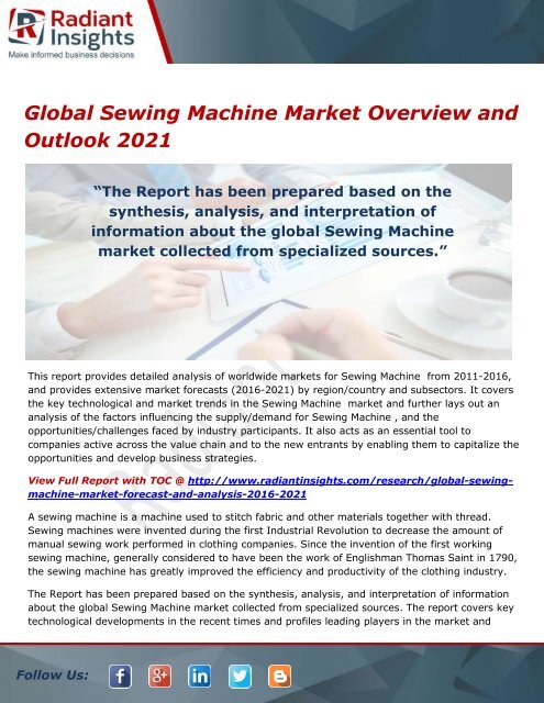 Global Sewing Machine Market Size, Share and Forecasts 2021