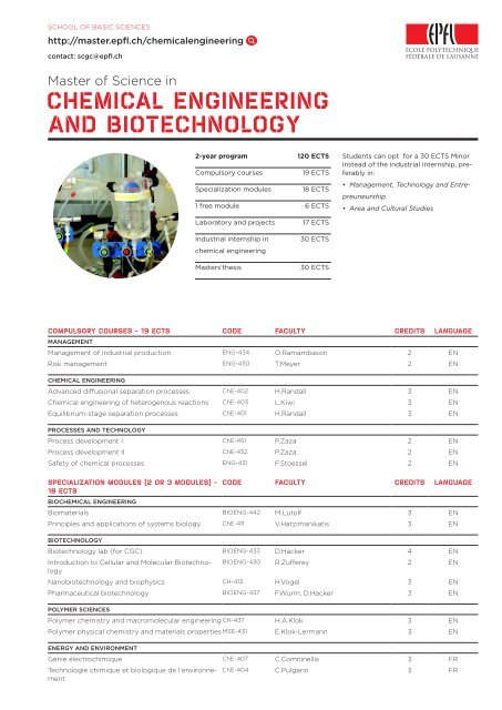 CHEMICAL ENGINEERING AND BIOTECHNOLOGY - Master EPFL