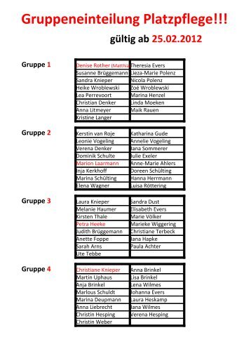 Gruppeneinteilung Platzpflege!!! gültig ab 25.02.2012