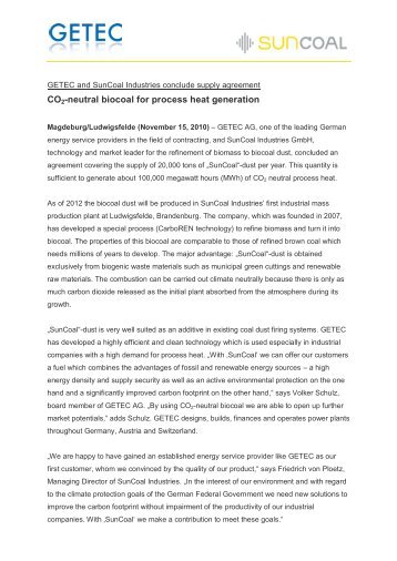 Download this press release - Advantages of SunCoal Biofuel