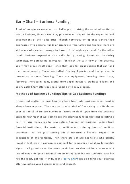 Barry Sharf – Business Funding &amp; Loans