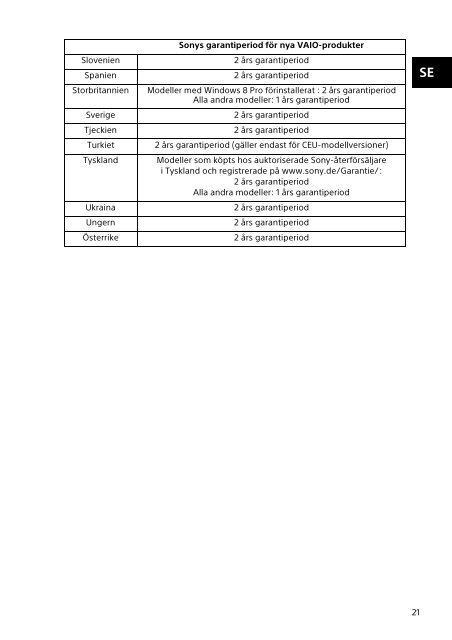 Sony SVF1521H1E - SVF1521H1E Documents de garantie Su&eacute;dois