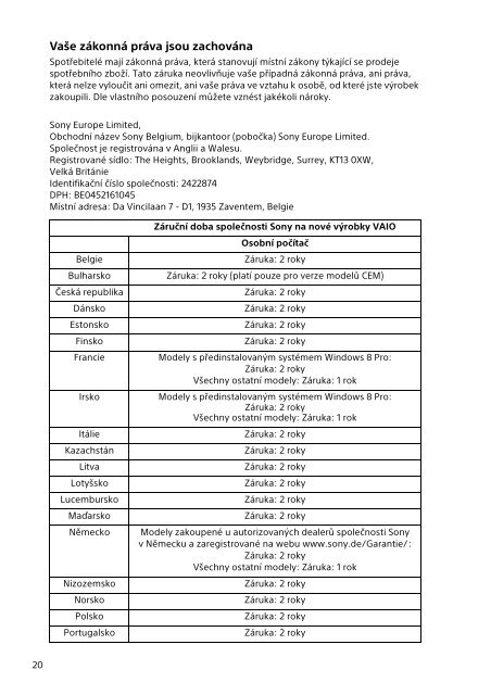 Sony SVF1521H1E - SVF1521H1E Documents de garantie Slovaque