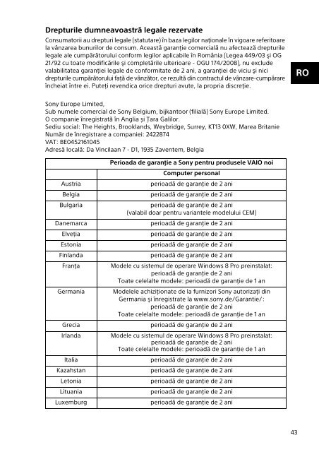 Sony SVF1521H1E - SVF1521H1E Documents de garantie Roumain