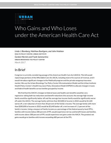 Who Gains and Who Loses under the American Health Care Act