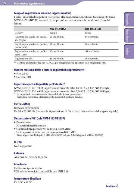 Sony NWZ-B152F - NWZ-B152F Consignes d&rsquo;utilisation Italien