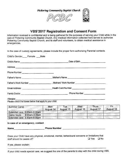 VBS registration form 2017