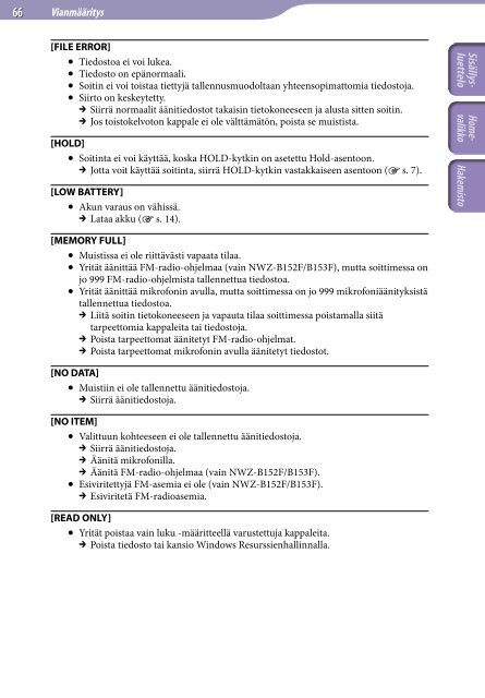 Sony NWZ-B152F - NWZ-B152F Consignes d&rsquo;utilisation Finlandais