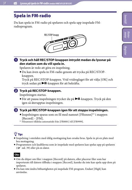 Sony NWZ-B152F - NWZ-B152F Consignes d&rsquo;utilisation Su&eacute;dois