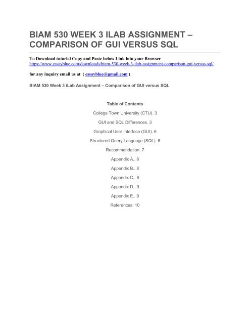 BIAM 530 WEEK 3 ILAB ASSIGNMENT – COMPARISON OF GUI VERSUS SQL