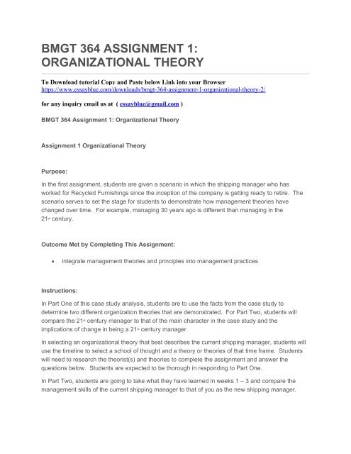 BMGT 364 ASSIGNMENT 1 ORGANIZATIONAL THEORY