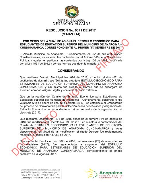 RESOLUCION No 0371 DE 2017 (MARZO 14) CONSIDERANDO