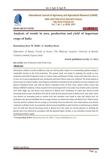 Analysis of trends in area, production and yield of important crops of ...