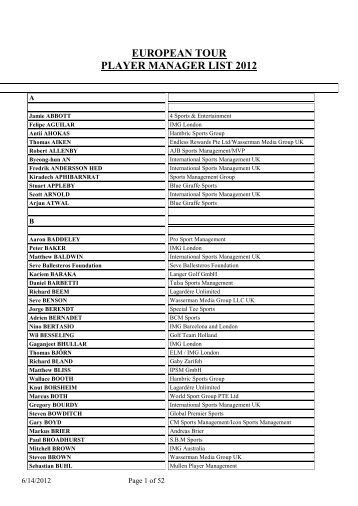 european tour player manager list 2012