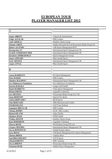 european tour player manager list 2012
