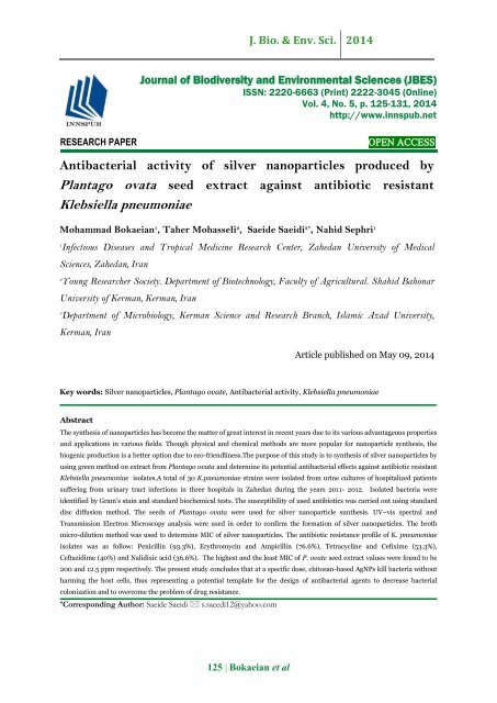 Antibacterial activity of silver nanoparticles produced by Plantago ovata seed extract against antibiotic resistant Klebsiella pneumoniae