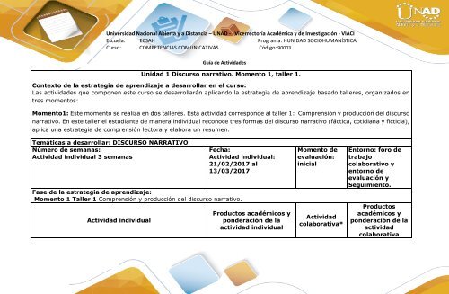 Guìa de actividades y rubrica de evaluación momento 1 Taller 1-Comprensión y producción del discurso narrativo