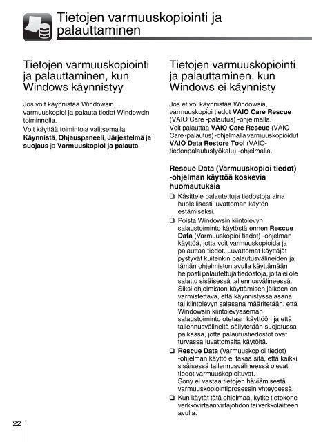 Sony VPCEB2Z1R - VPCEB2Z1R Guide de d&eacute;pannage Finlandais