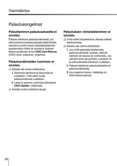 Sony VPCEB2Z1R - VPCEB2Z1R Guide de d&eacute;pannage Finlandais