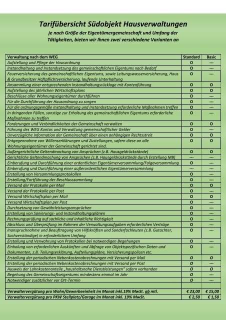 Tarifübersicht Südobjekt Hausverwaltungen ab 01.01.2017