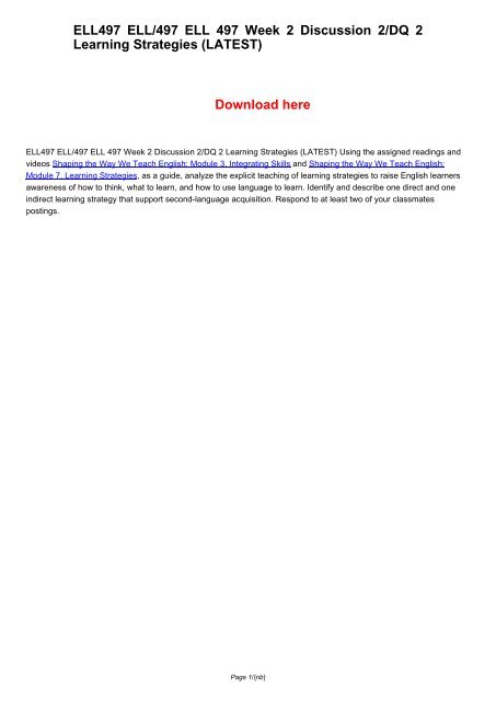 ELL497 ELL/497 ELL 497 Week 2 Discussion 2/DQ 2 Learning Strategies (LATEST)